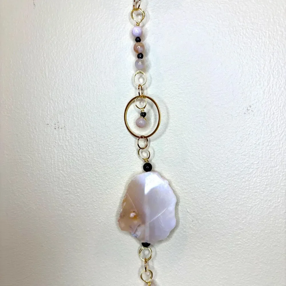 Flower Agate Black Onyx Hanging Polished Agate Slice & Beads Growth Creativity